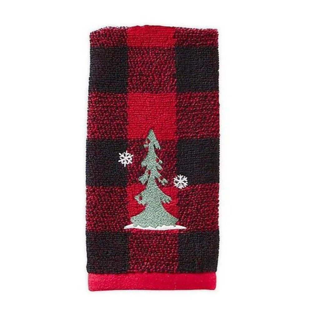Christmas Tree Fingertip Towels Embroidered Cabin Rustic Buffalo Plaid Set of 2